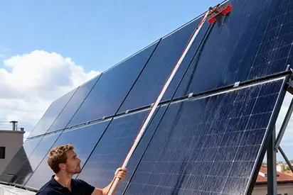 Man Cleaning Solar Panels With Long Brush Under Blue Sky