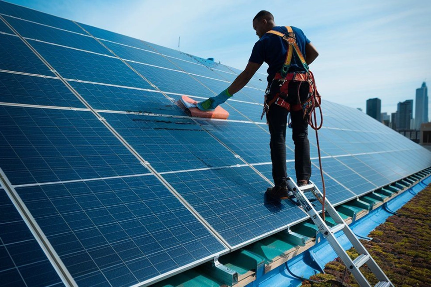 Technician Performing Solar Panel Cleaning On Rooftop With City Skyline
